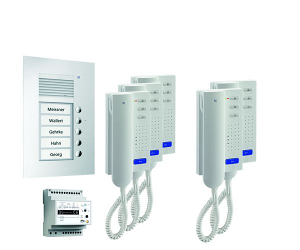 Sistema di controllo porte TCS audio: pack UP per 5 unità abitative, con posto esterno PUK 5 pulsanti campanello, 5x citofono ISH3030, centrale BVS20, PPU05-EN / 02
