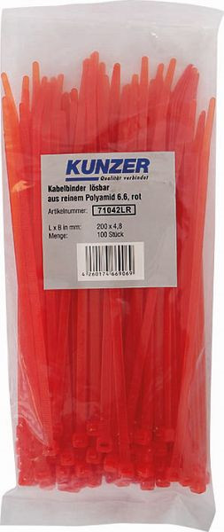 Fascette fermacavi Kunzer 200 x 4,8 rosse (100 pezzi) rimovibili, 71042LR