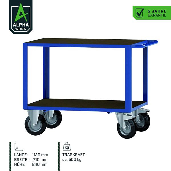 Carrello da tavolo Alpha Work Basic, 1120 x 710 x 840 mm, blu genziana, capacità di carico 500 kg, 07277