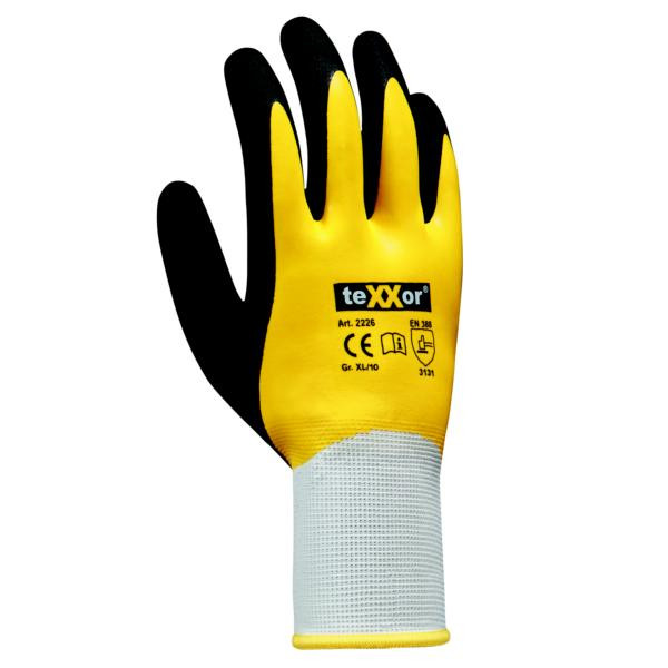 teXXor guanti in maglia di poliestere LATEX, misura: 10, colore: bianco/giallo/nero, confezione: 120 paia, 2226-10