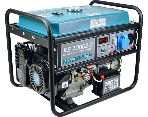 Könner & Söhnen 5500W, DUAL FUEL benzina/GPL, avviamento elettrico, generatore di corrente IBRIDO, 1x16A(230V)/1x32A(230V), 12V, regolatore volt, display, KS 7000E G
