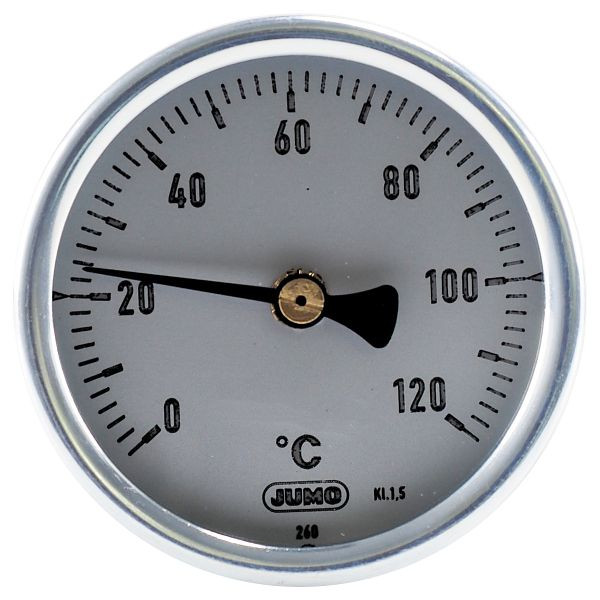 Termometro bimetallico JUMO, classe 1.5, campo di visualizzazione da 0 a 120 ° C, lunghezza di installazione 50 mm, diametro: 63 mm, 80000580