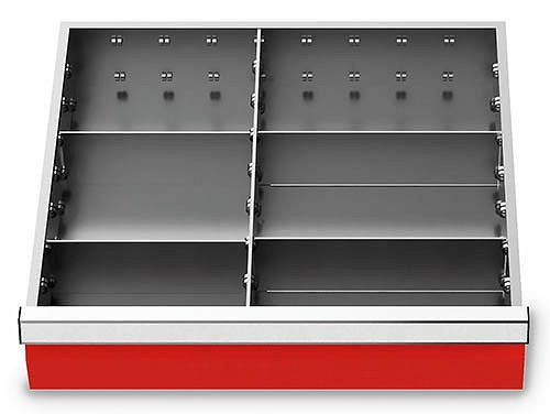 Inserti per cassetti Bedrunka+Hirth T500 R 18-16, per altezza pannello 100 mm, 1 x MF 400 mm. 2 x larghezza 200 mm. 2 TW 250 mm, 146-135-100