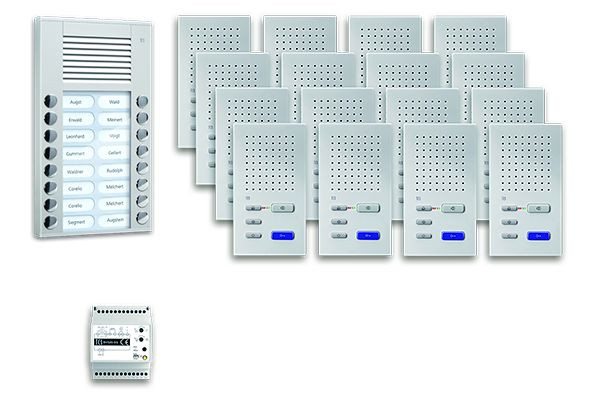 Sistema di controllo porte TCS audio: pack AP per 16 unità abitative, con posto esterno PES 16 pulsanti suoneria, 16x vivavoce ISW3030, centrale di comando, PPAF16-EN/02