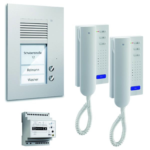 Sistema di controllo porte TCS audio: pack UP per 2 unità abitative, con posto esterno PUK 2 pulsanti campanello, 2x citofono ISH3130, centrale BVS20, PSU2120-0000