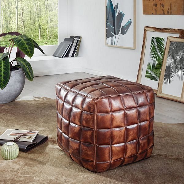 Wohnling sedile a cubo STANLEY vera pelle marrone 39 x 41 x 39 cm pouf da soggiorno, WL5.331