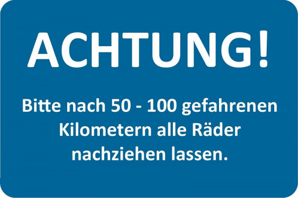 Adesivo del servizio clienti Eichner, blu, testo: ATTENZIONE! Stringere le ruote, PU: 250 pezzi, 9220-00051