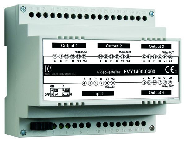 Distributore di segnale video TCS per sdoppiamento di fili video, 4 vie, guida DIN 6 HP, FVY1400-0400
