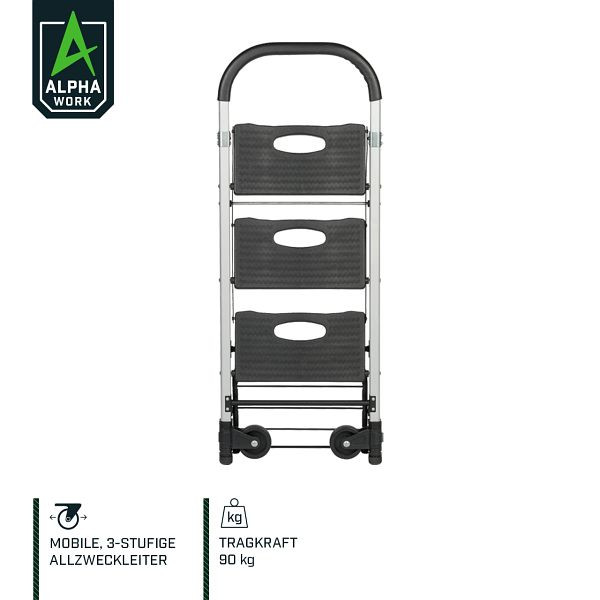 Alpha Work Mobile scala multiuso / carrello di trasporto, pieghevole, 3 gradini, portata 90 kg come carrello, 05902