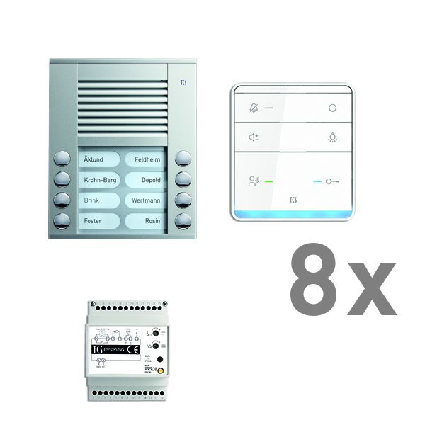 Sistema di controllo porte TCS audio: pack AP per 8 unità abitative, con posto esterno PES 8 pulsanti suoneria, 8x vivavoce ISW5010, centrale BVS20, PAAF082 / 003