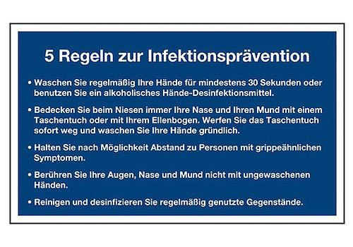 Avviso DENIOS "5 regole per la prevenzione delle infezioni", pellicola, 200 x 120 mm, blu, 273-302