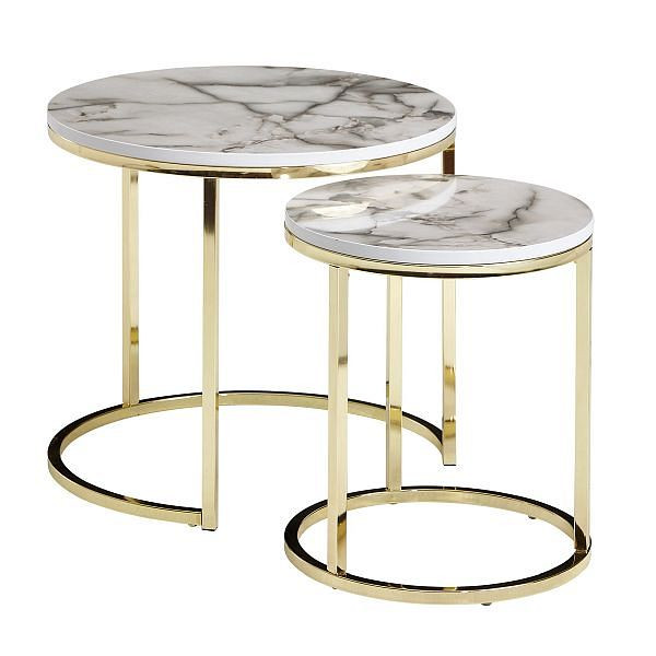 Wohnling Design Tavolino Set di 2 Tavolini Rotondi in Effetto Marmo Bianco, WL6.252