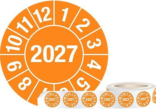 Etichetta di prova DENIOS "2027", arancione, pellicola, 30 mm, UI: 1 rotolo da 1000 pezzi, 290-144