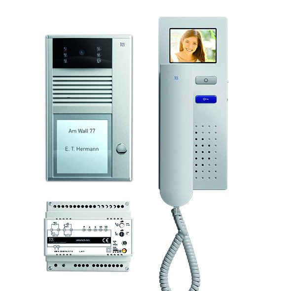 Videocitofono TCS: pack AP V2D per 1 unità abitativa, con posto esterno AVC 1 pulsante campanello, 1x videocitofono IVH4222, alimentazione, PVC2410-0010