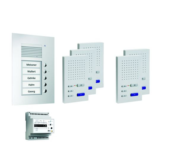Sistema di controllo porta TCS audio: pack UP per 5 unità abitative, con posto esterno PUK 5 pulsanti campanello, 5x vivavoce ISW3030, unità di controllo BVS20, PPUF05-EN / 02