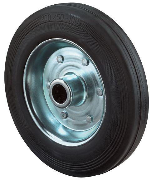 Ruota in gomma BS wheels, larghezza ruota 37,5 mm, Ø ruota 150 mm, portata 160 kg, rivestimento in gomma nera, corpo ruota cerchio in acciaio zincato, cuscinetto a rulli, B55.150