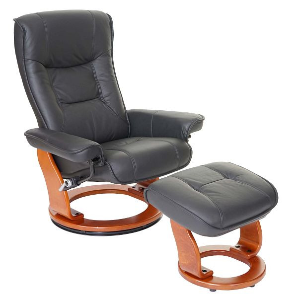 Sedia relax Mendler MCA Hamilton, sgabello sedia TV, capacità di carico 130kg in vera pelle, nero, color miele, 56052