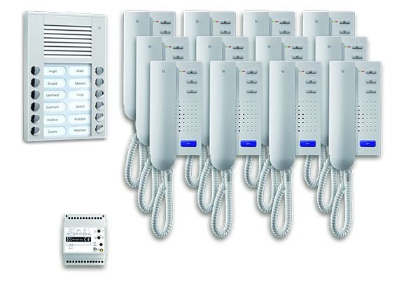 Sistema di controllo porte TCS audio: pack AP per 12 unità abitative, con posto esterno PES 12 pulsanti campanello, 12x citofono ISH3030, centrale BVS20, PPA12-EN/02
