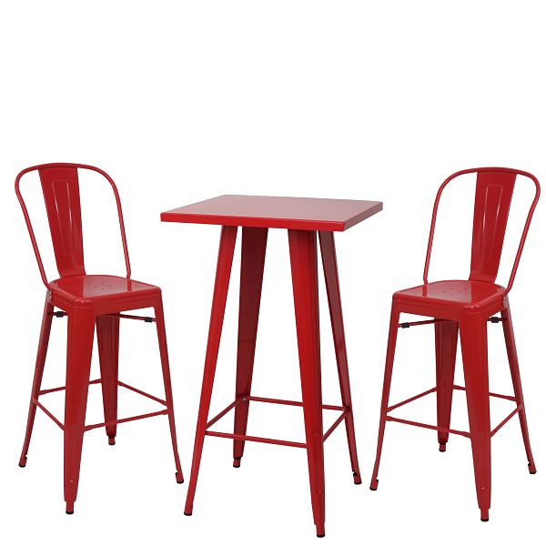 Mendler Set tavolo alto + 2x sgabelli da bar HWC-A73, sgabello da bar tavolo da bar, design industriale in metallo, rosso, 57909+59869+59869