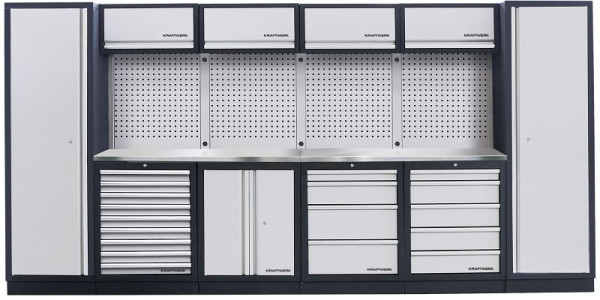 Kraftwerk MOBILIO Sistema di armadietti per officina a 6 elementi con piano di lavoro INOX inossidabile, con parete forata quadrata, 3964FIX