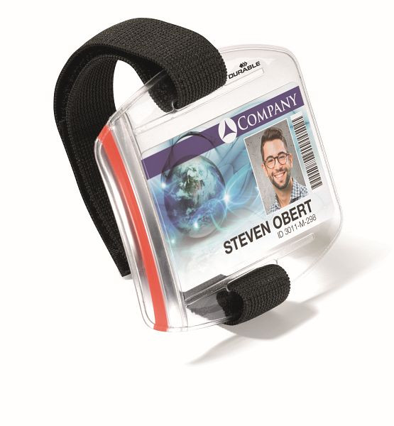 Porta carte d'identità DURABLE OUTDOOR SECURE con passante regolabile, porta carte d'identità trasparente/cinturino nero, confezione da 10, 841419