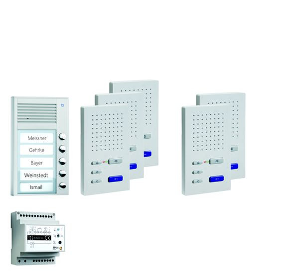 Sistema di controllo porte TCS audio: pack AP per 5 unità abitative, con posto esterno PAK 5 pulsanti campanello, 5x vivavoce ISW3030, centrale BVS20, PPAF05-EN/02