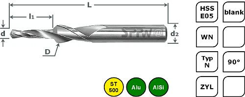 SPPW punta a gradino HSS-E05 90° L: 110x30 Ø8,4x16,4 - M8, 1234300800