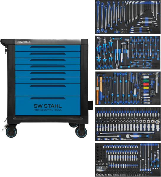 Carrello da officina professionale SW-Stahl TT802, blu, attrezzato, 434 pezzi, Z3200