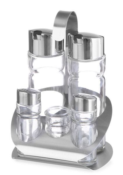 Set di ampolle Hendi, cinque pezzi: pepe, sale, olio, aceto, porta stuzzicadenti, LxPxA: 130x110x185 mm, 465363