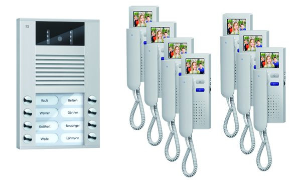Videocitofono TCS: pack AP per 7 unità abitative, con posto esterno AVE 8 pulsanti suoneria, 7x videocitofono IVH3222, comando, PVE1570-0010