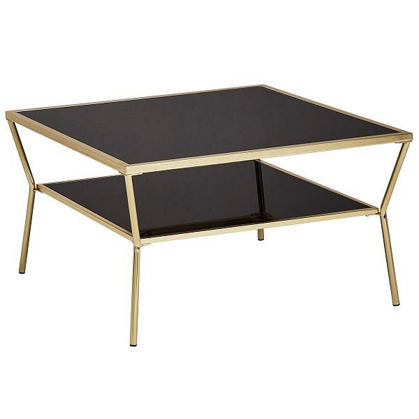 Wohnling Tavolino design vetro nero 70 x 70 cm 2 livelli struttura in metallo dorato, quadrato, WL5.992