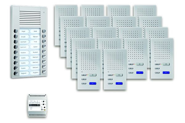 Sistema di controllo porte TCS audio: pack AP per 18 unità abitative, con posto esterno PES 18 pulsanti suoneria, 18x vivavoce ISW3030, centrale di comando, PPAF18-EN/02