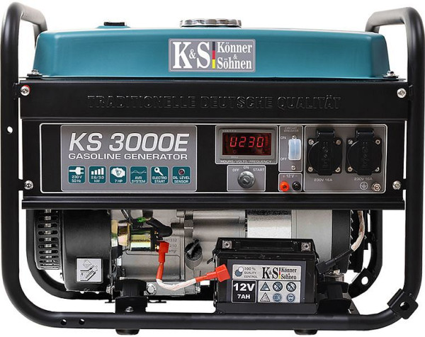 Generatore di corrente E-start a benzina Könner & Söhnen 3000 W, 2x16 A (230 V), 12 V, regolatore volt, protezione basso livello olio, protezione da sovratensione, display, KS 3000E