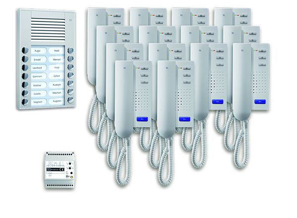 Sistema di controllo porte TCS audio: pack AP per 14 unità abitative, con posto esterno PES 14 pulsanti campanello, 14x citofono ISH3030, centrale BVS20, PPA14-EN/02