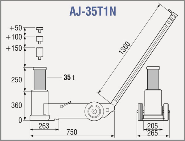 Martinetto idraulico ad aria TDL a 1 stadio, capacità: 35 t, AJ-35T1N