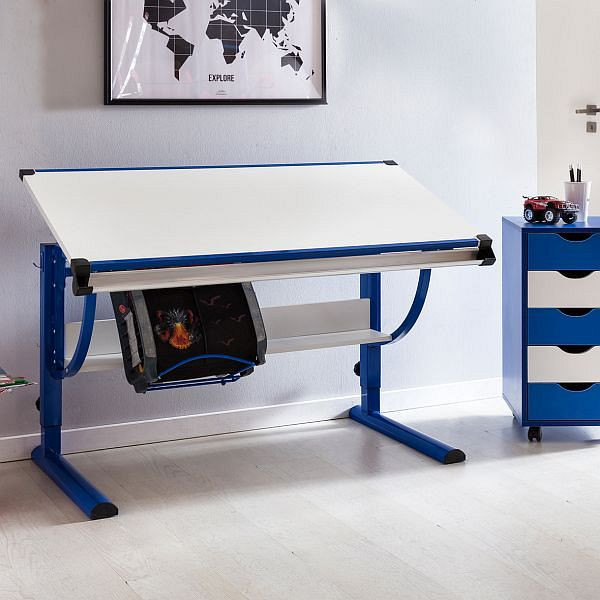 Scrivania per bambini Wohnling Design MORITZ legno 120 x 60 cm blu / bianco, inclinazione regolabile, WL5.127