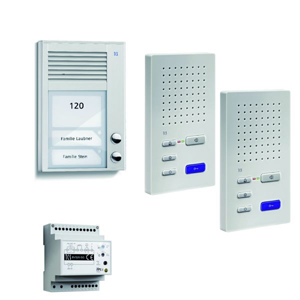 Sistema di controllo porta TCS audio: pack AP per 2 unità abitative, con posto esterno PAK 2 pulsanti campanello, 2x vivavoce ISW3130, centrale BVS20, PSC2220-0000
