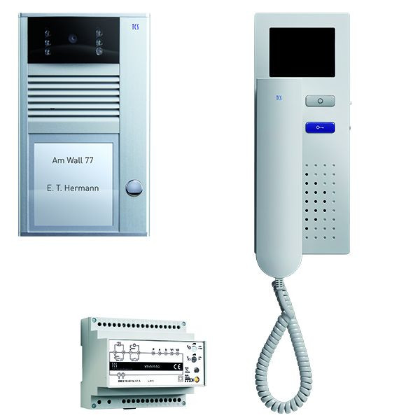 Videocitofono TCS: pack AP per 1 unità abitativa, con posto esterno AVC 1 pulsante campanello, 1x videocitofono IVH3222, centrale VBVS05, PVC1410-0010
