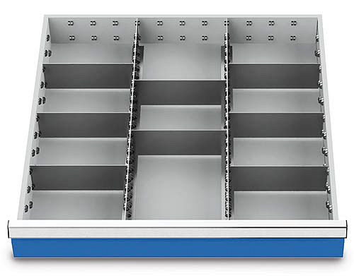Inserti per cassetti Bedrunka+Hirth T736 R 24-24, per altezza pannello 50 mm, 2 x MF 600 mm, 8 x TW 200 mm, 139BLH50