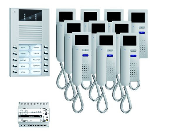 Videocitofono TCS: pack AP per 16 unità abitative, con posto esterno AVE 16 pulsanti suoneria, 16x videocitofono IVH3222, comando, PVE15160-0010