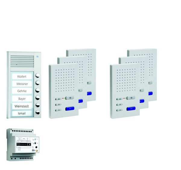 Sistema di controllo porta TCS audio: pack AP per 6 unità abitative, con posto esterno PAK 6 pulsanti campanello, 6x vivavoce ISW3030, centrale BVS20, PPAF06-EN/02